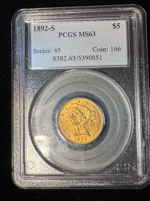1892 S $5.00 Liberty Gold PCGS MS 63!!